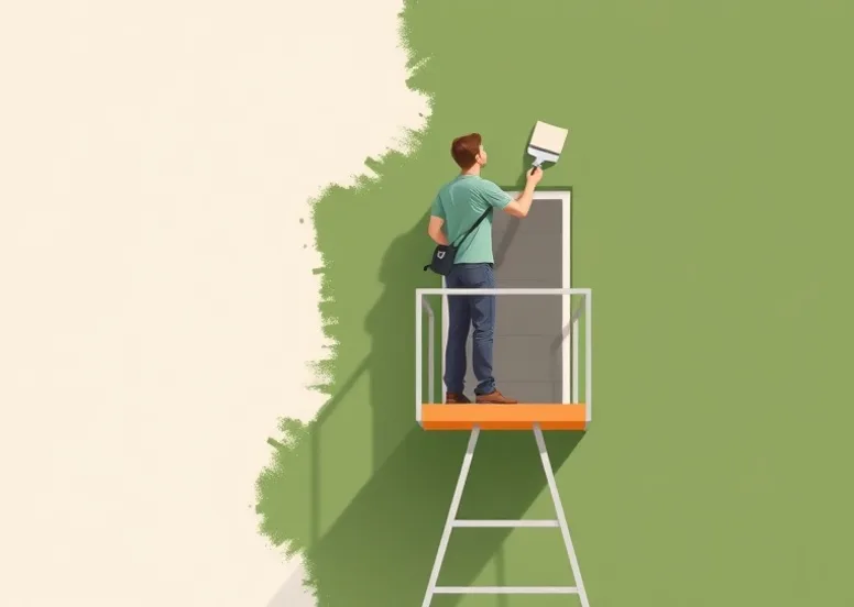 Peintre sur échafaudage traitant la façade d'une maison