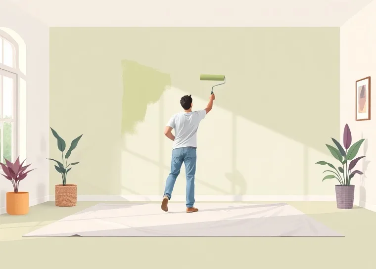 Peintre appliquant la peinture au rouleau sur un mur de salon